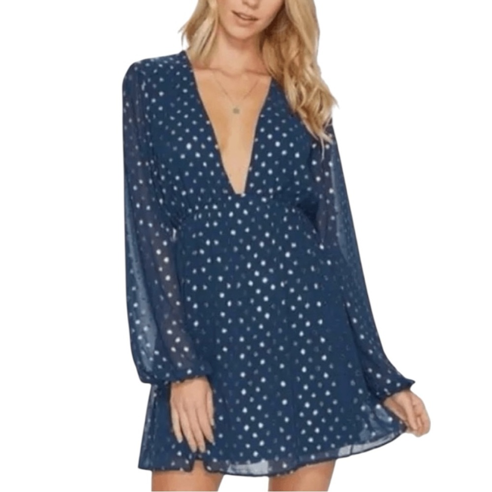Show Me Your Mumu Teal Mini Dress size XS Metallic Gold Dot Plunge Neckline